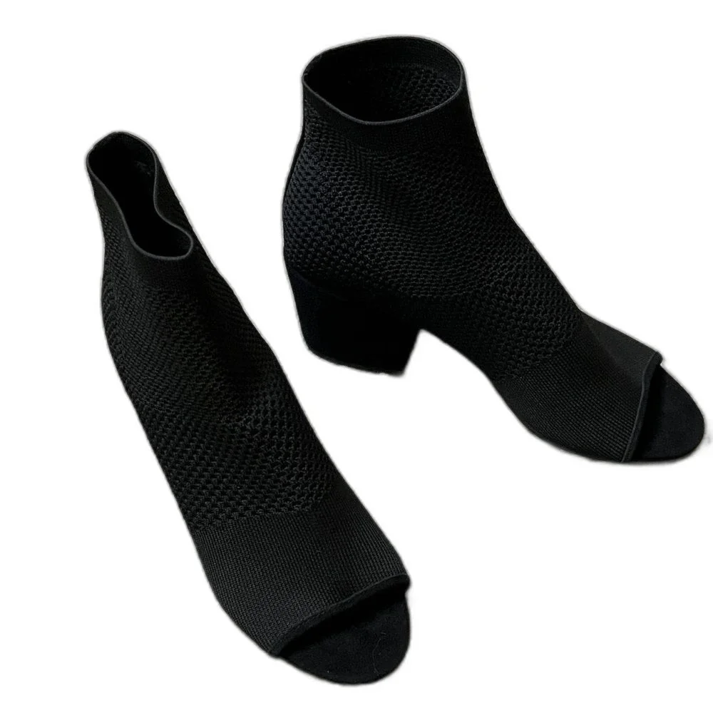 Eileen Fisher Croft Stretch Knit Black Peep Toe Ankle Boots Size 8 EUC